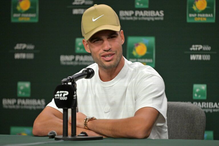 Carlos Alcaraz (ESP) speaks to the media at a news conference during the BNP Paribas Open at the Indian Wells Tennis Garden.