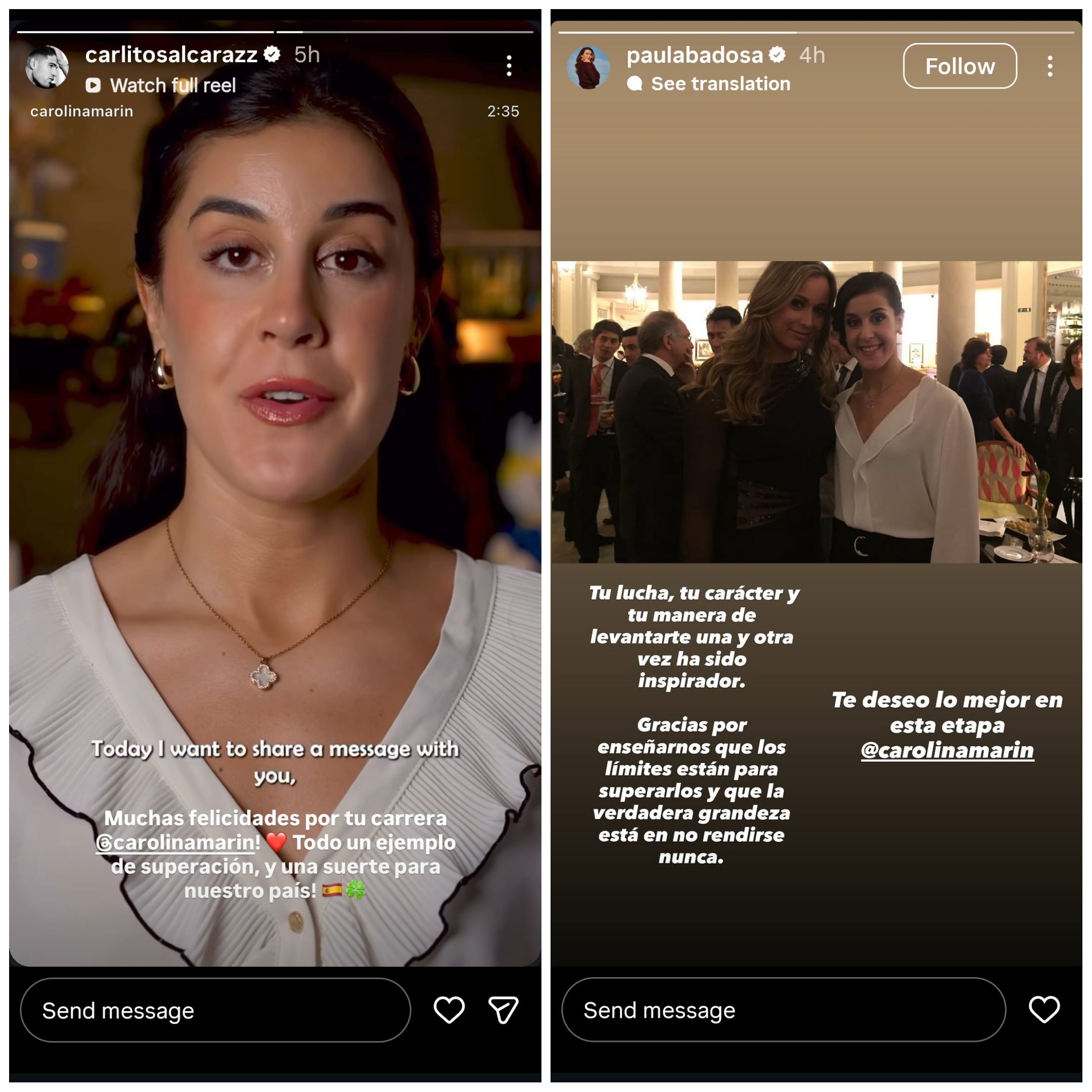 Screen grab of Carlos Alcaraz and Paula Badosa's Instagram stories