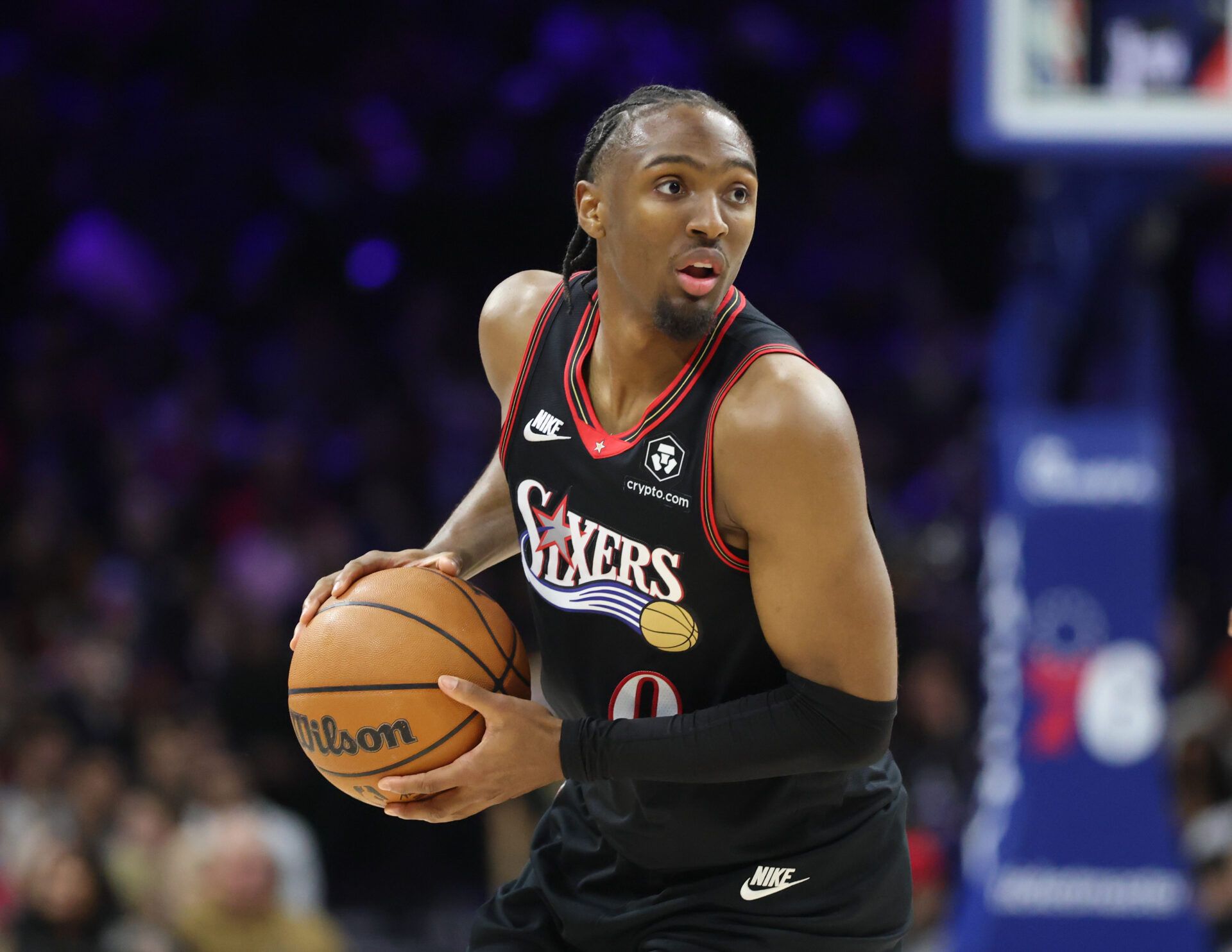Philadelphia 76ers guard Tyrese Maxey (0) controls the ball against the Miami Heat during the third quarter at Xfinity Mobile Arena.