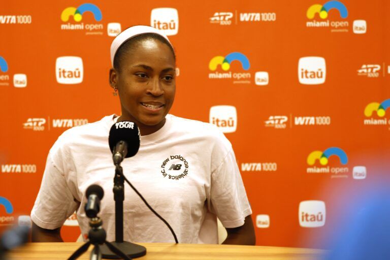 Coco Gauff (USA) speaks to the media during Media Day on Day 1 of the 2026 Miami Open at Hard Rock Stadium.