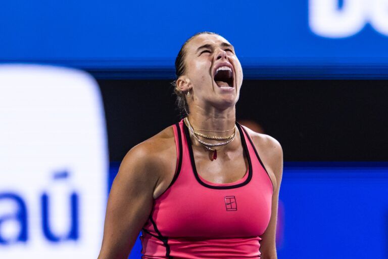 Aryna Sabalenka of Belarus celebrates her victory over Elena Rybakina of Kazakhstan in the semi-finals of the women’s singles at the Miami Open at the Hard Rock Stadium.