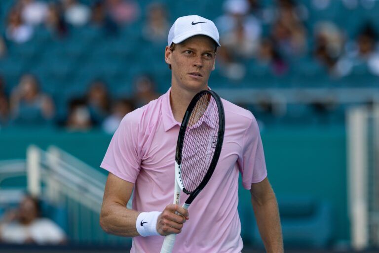 Jannik Sinner of Italy reacts during a match against Frances Tiafoe of the United States in the quarter finals of the menÕs singles at the Miami Open at Hard Rock Stadium.