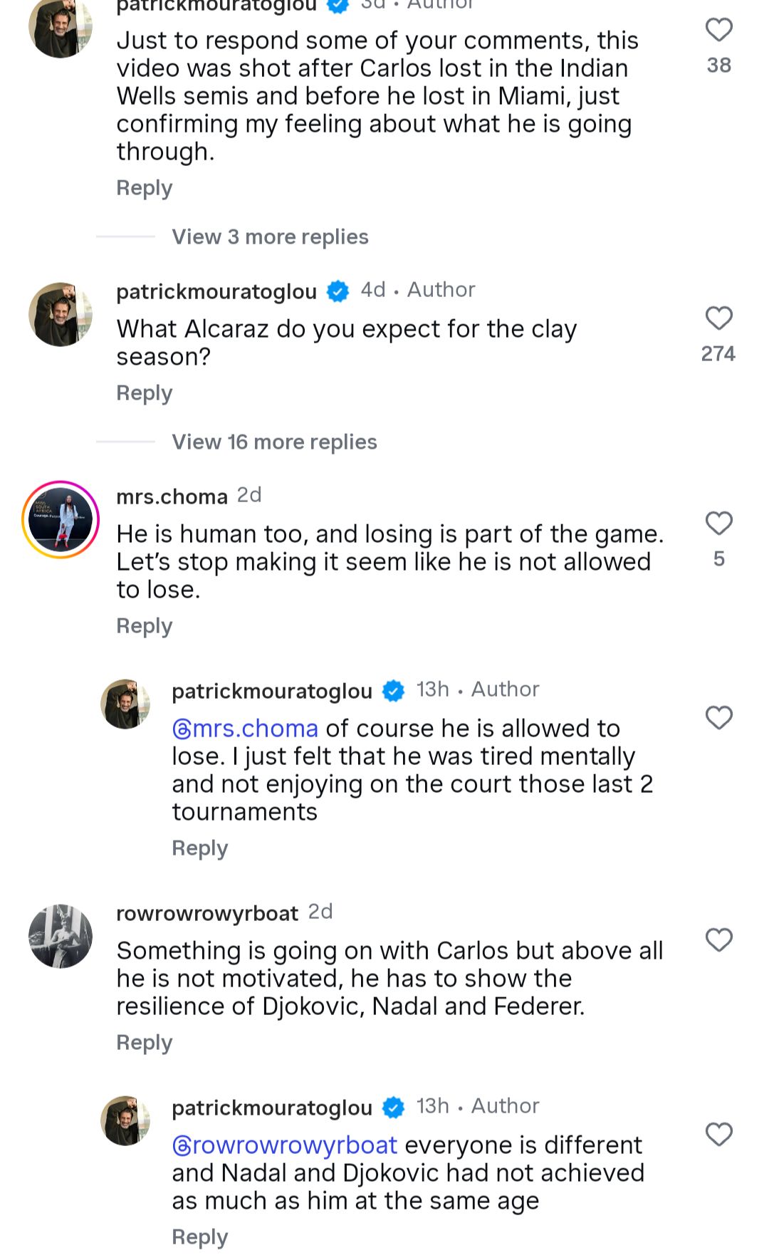 Comments from Patrick Mouratoglou's Instagram post.