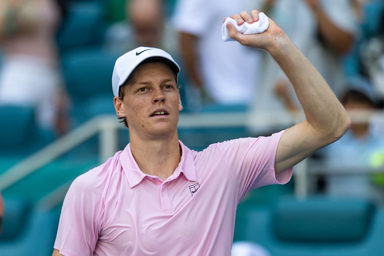 Jannik Sinner of Italy reacts during a match against Frances Tiafoe of the United States in the quarter finals of the menÕs singles at the Miami Open at Hard Rock Stadium.