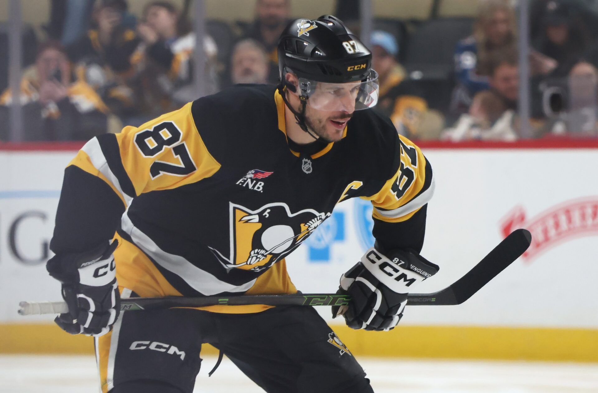 Pittsburgh Penguins center Sidney Crosby (87) prepares to take the opening face-off against the Colorado Avalanche during the first period at PPG Paints Arena.