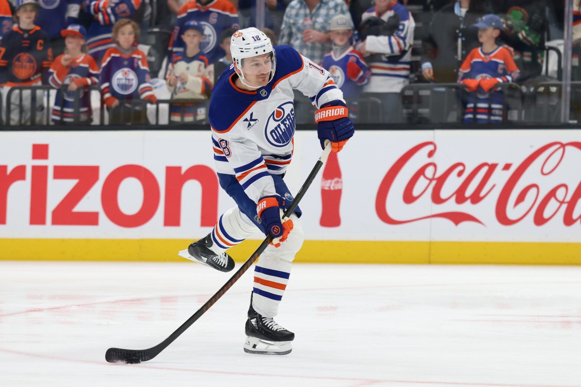 Edmonton Oilers left wing Zach Hyman (18) warms up before a game against the Utah Mammoth at Delta Center.