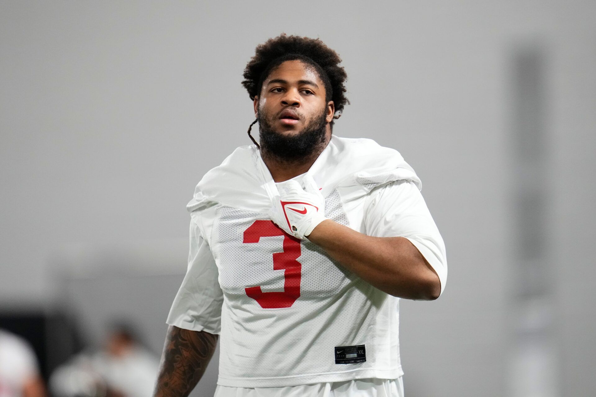 Ohio State Buckeyes defensive tackle James Smith (3) warms up during the first day of spring workouts for the 2026 football season at Woody Hayes Athletic Complex in Columbus on March 10, 2026.