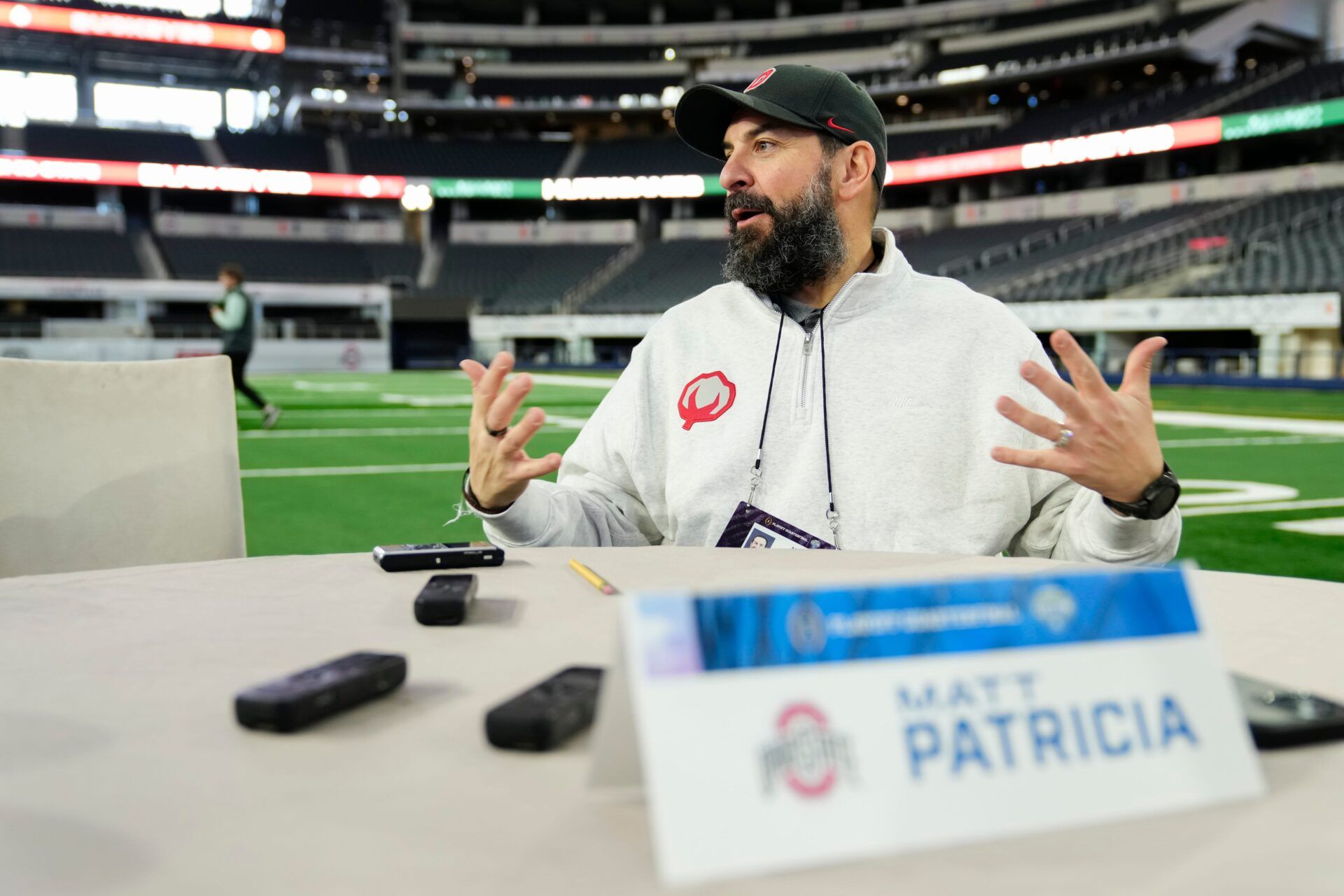 Ohio State Buckeyes defensive coordinator Matt Patricia speaks during the Cotton Bowl Media Day at AT&T Stadium in Dallas prior to the College Football Playoff matchup against the Miami Hurricanes on Dec. 29, 2025.
