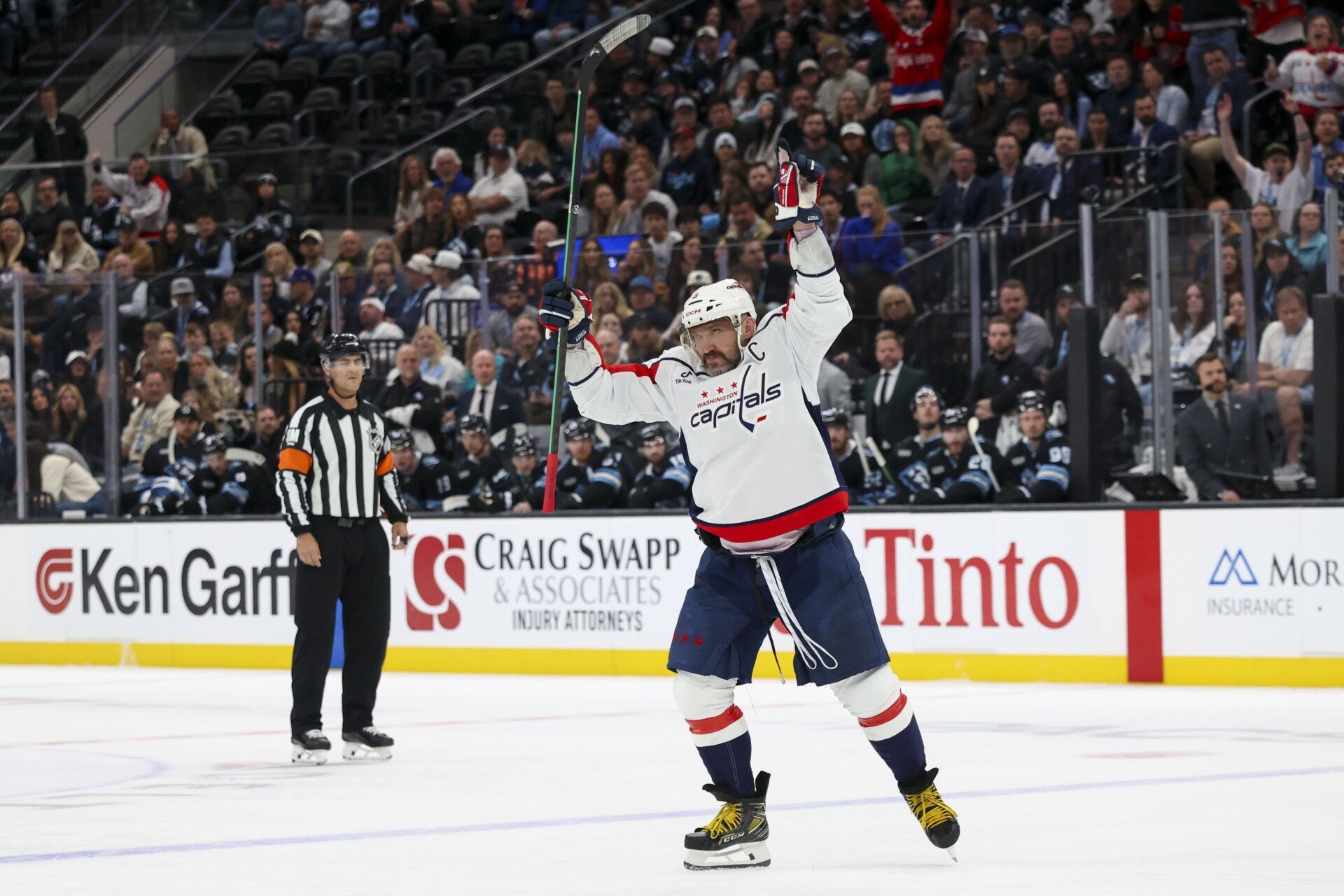 Washington Capitals left wing Alex Ovechkin (8) celebrates scoring a goal against the Utah Mammoth during the second period at Delta Center.