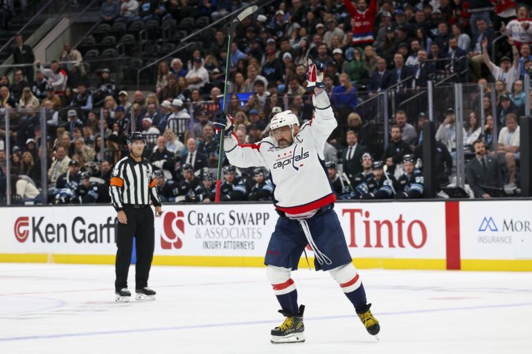 Washington Capitals left wing Alex Ovechkin (8) celebrates scoring a goal against the Utah Mammoth during the second period at Delta Center.