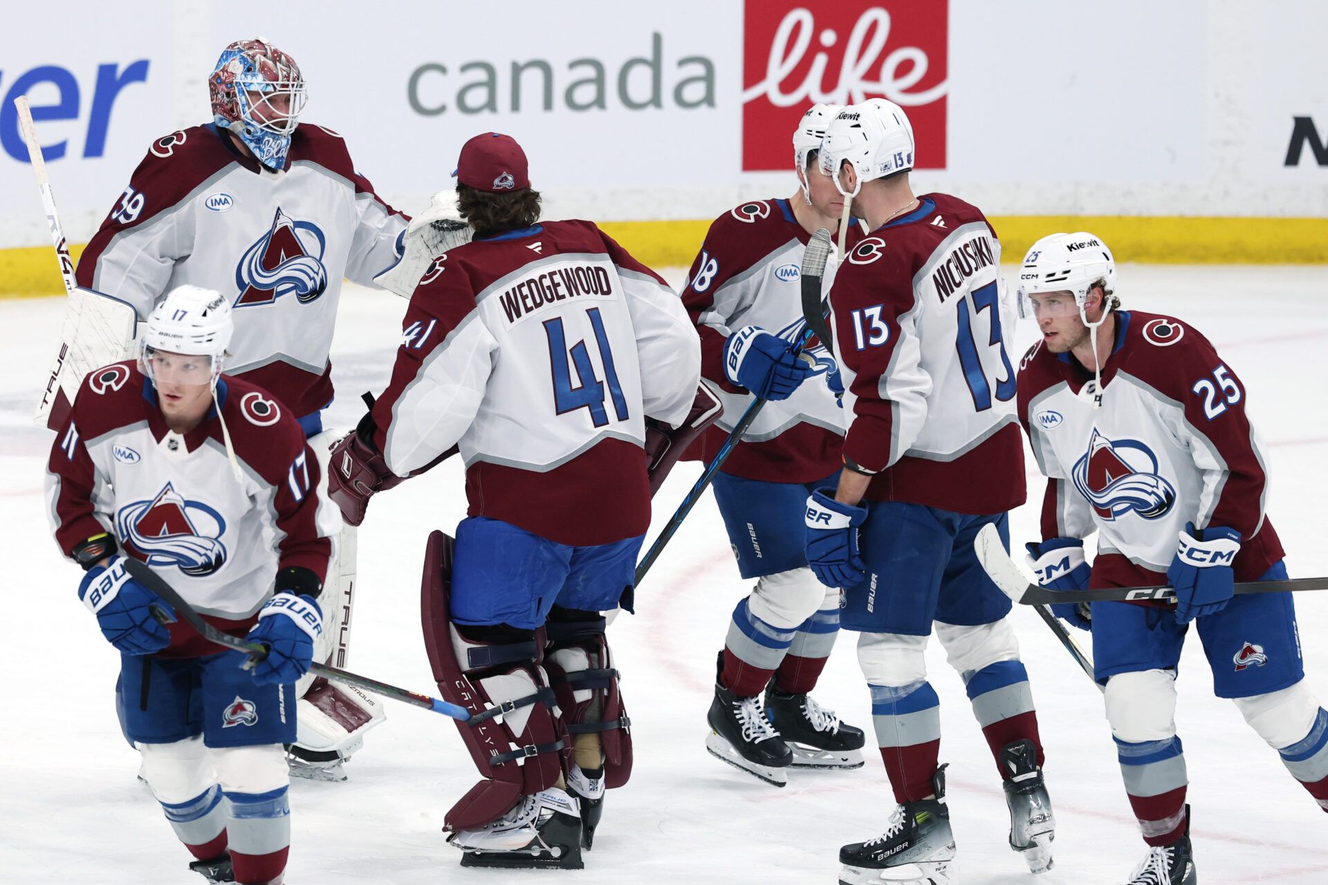 Colorado Avalanche celebrate their victory at Canada Life Centre.