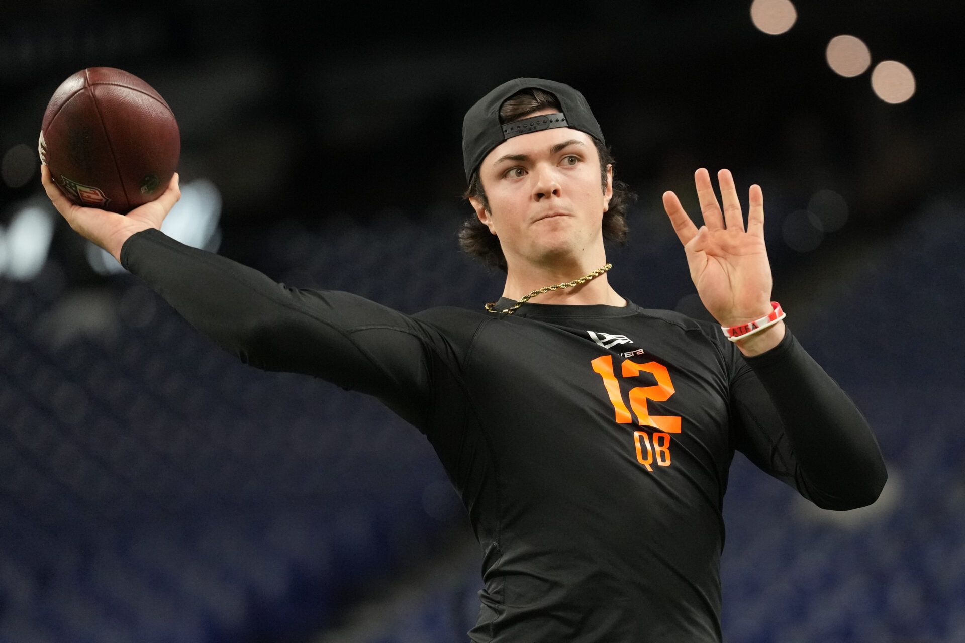 Texas Tech quarterback Behren Morton (QB12) during the NFL Scouting Combine at Lucas Oil Stadium.