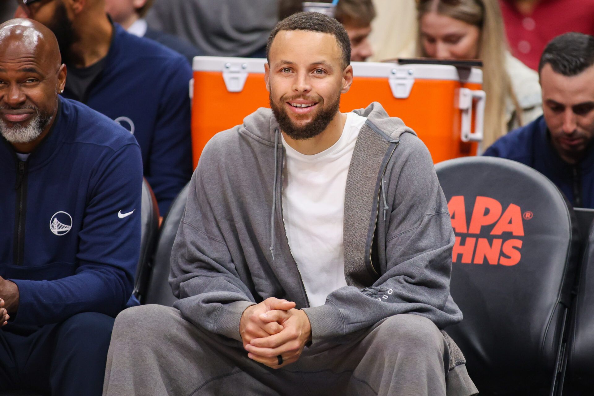Golden State Warriors guard Stephen Curry (30) on the bench against the Atlanta Hawks in the first quarter at State Farm Arena.