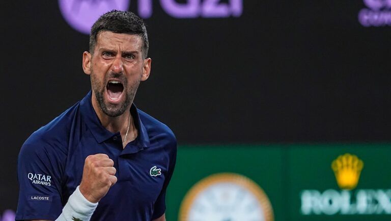 Novak Djokovic celebrates a game win against Jack Draper during their fourth-round match at the BNP Paribas Open in Indian Wells, Calif., Wednesday, March 11, 2026.