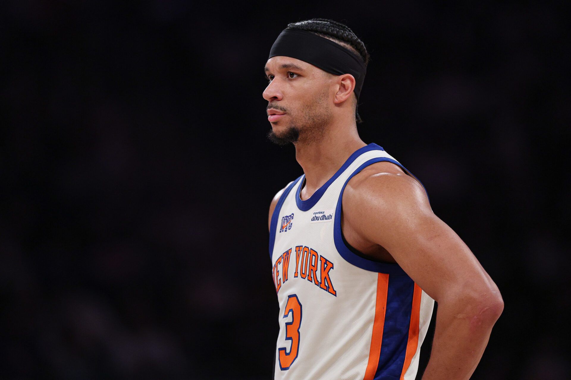 New York Knicks guard Josh Hart (3) looks on during the first half against the Washington Wizards at Madison Square Garden.