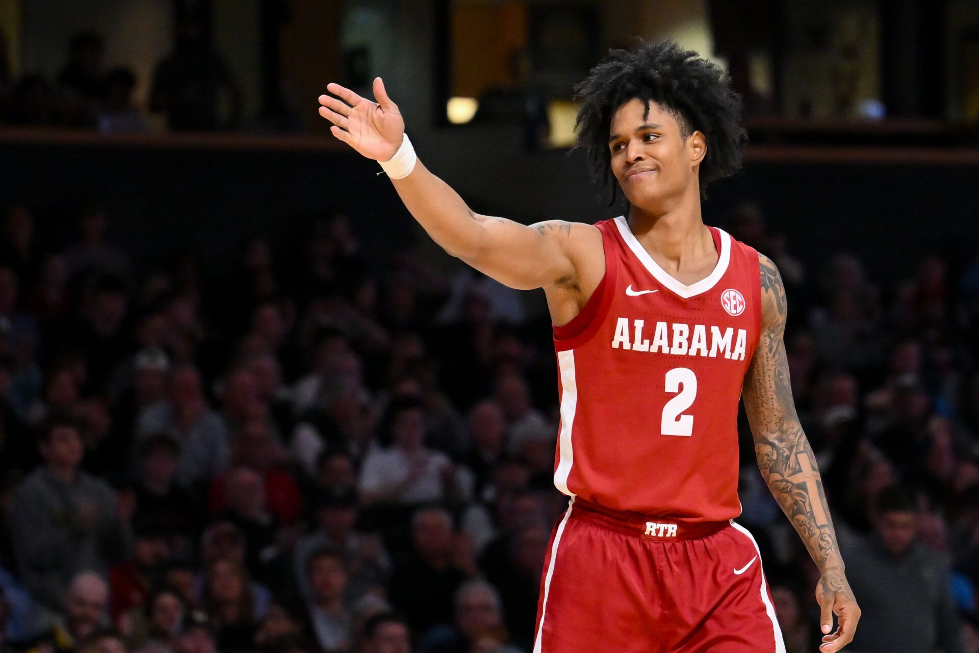 Alabama Crimson Tide guard Aden Holloway (2) reacts with the call of out of bounds against the Vanderbilt Commodores during the first half at Memorial Gymnasium.