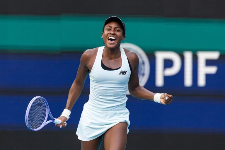 Coco Gauff of the United States reacts after a point against Karolina Muchova of the Czech Republic in the semi-finals of the women’s singles at the Miami Open at the Hard Rock Stadium.