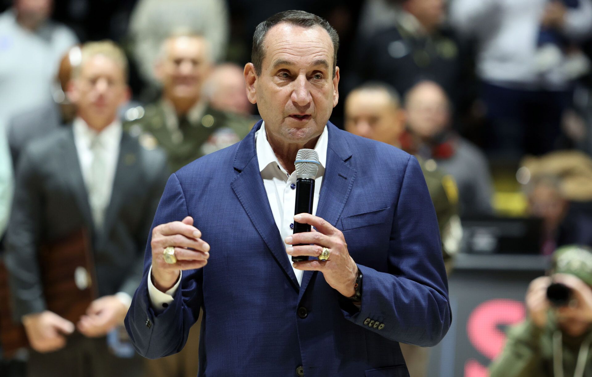 Former Duke Blue Devils and Army head coach Mike Krzyzewski is honored by West Point before a game between the Army Black Knights and Duke Blue Devils at Christl Arena.