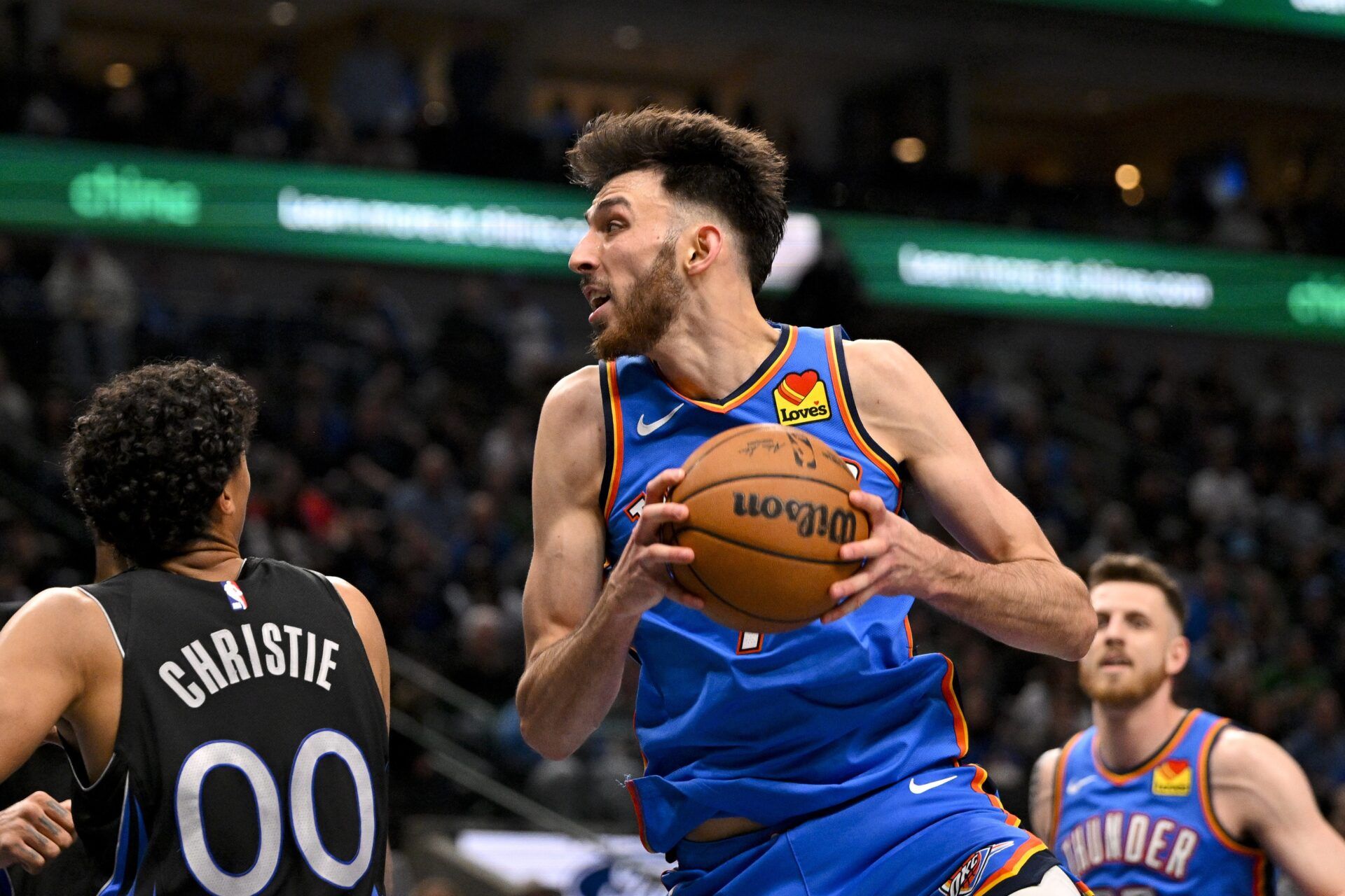 Oklahoma City Thunder center Chet Holmgren (7) grabs a rebound during the game between the Mavericks and the Thunder at American Airlines Center.