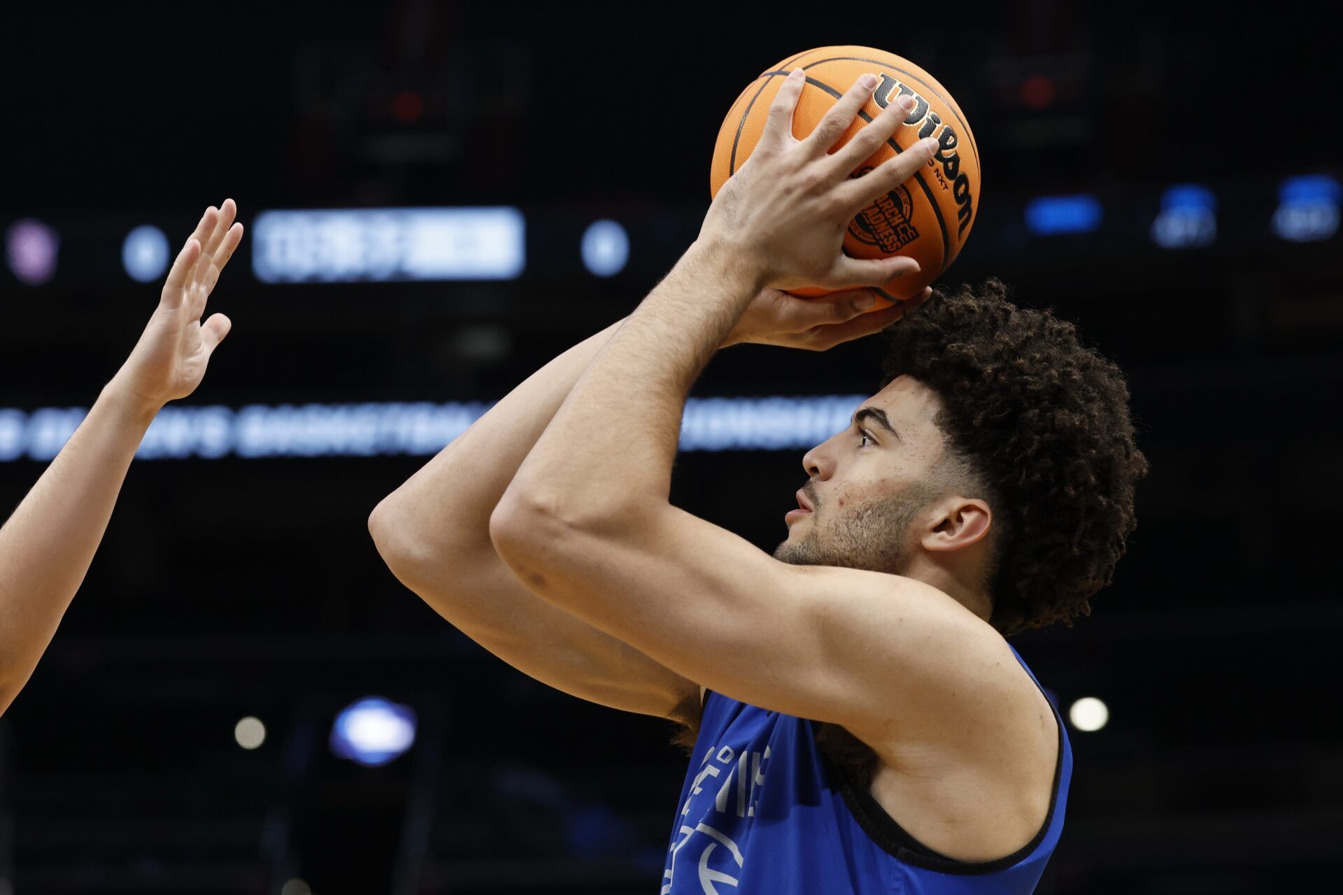 Duke Blue Devils forward Cameron Boozer (12) shoots during a practice session ahead of the east regional of the men's 2026 NCAA Tournament at Capital One Arena.