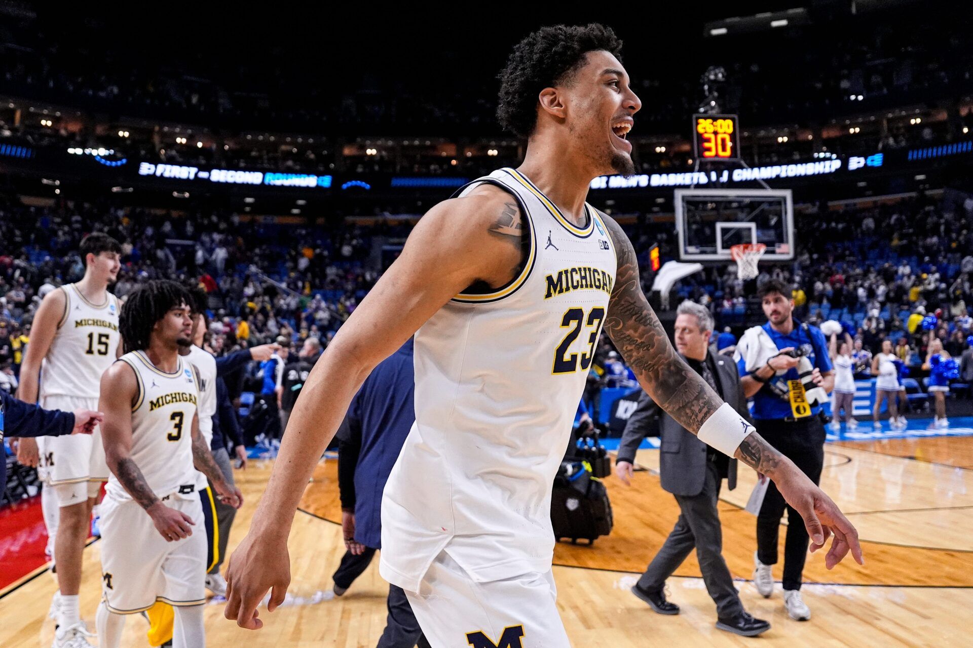 Michigan forward Yaxel Lendeborg (23) celebrates on court after 95-72 win over Saint Louis at the NCAA Tournament Second Round at KeyBank Center in Buffalo on Saturday, March 21, 2026.