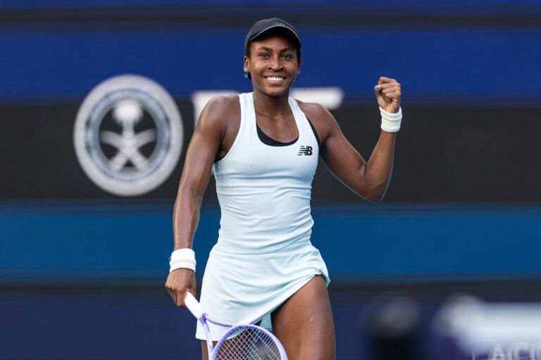 Coco Gauff of the United States reacts after a point against Karolina Muchova of the Czech Republic in the semi-finals of the women’s singles at the Miami Open at the Hard Rock Stadium.