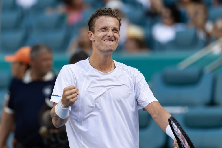 Jiri Lehecka of the Czech Republic celebrates his victory over Arthur Fils of France in the semi-finals of the men’s singles at the Miami Open at the Hard Rock Stadium.