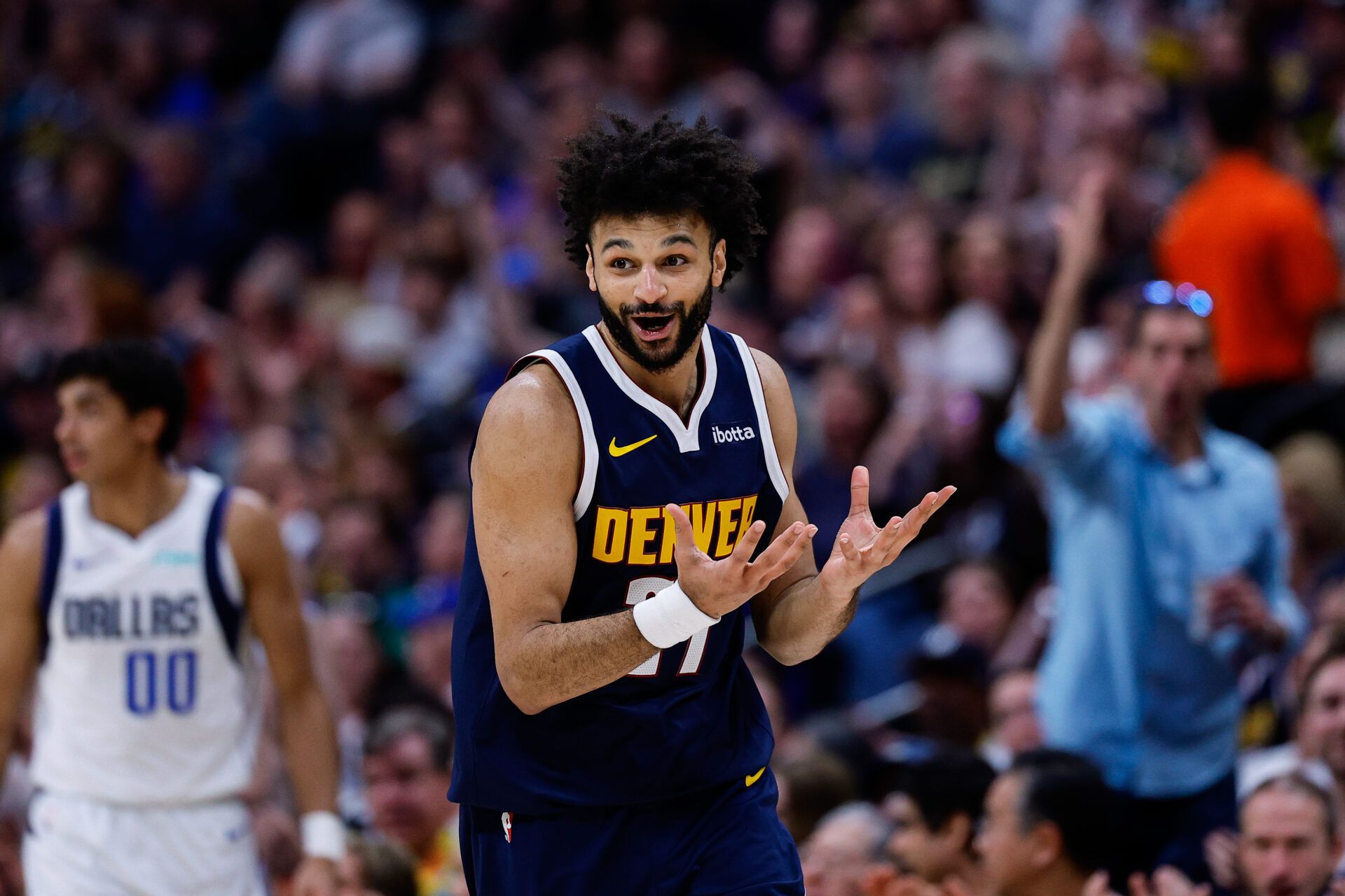 Denver Nuggets guard Jamal Murray (27) reacts after a play in the third quarter against the Dallas Mavericks at Ball Arena.