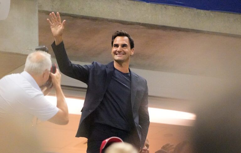Roger Federer greets the crowd on day nine of the 2024 U.S. Open tennis tournament at USTA Billie Jean King National Tennis Center.