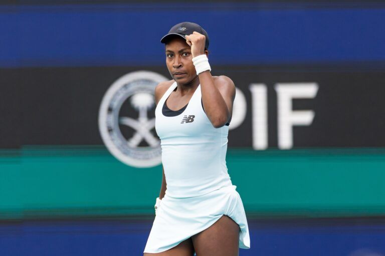Coco Gauff of the United States reacts after a point against Karolina Muchova of the Czech Republic in the semi-finals of the women’s singles at the Miami Open at the Hard Rock Stadium.