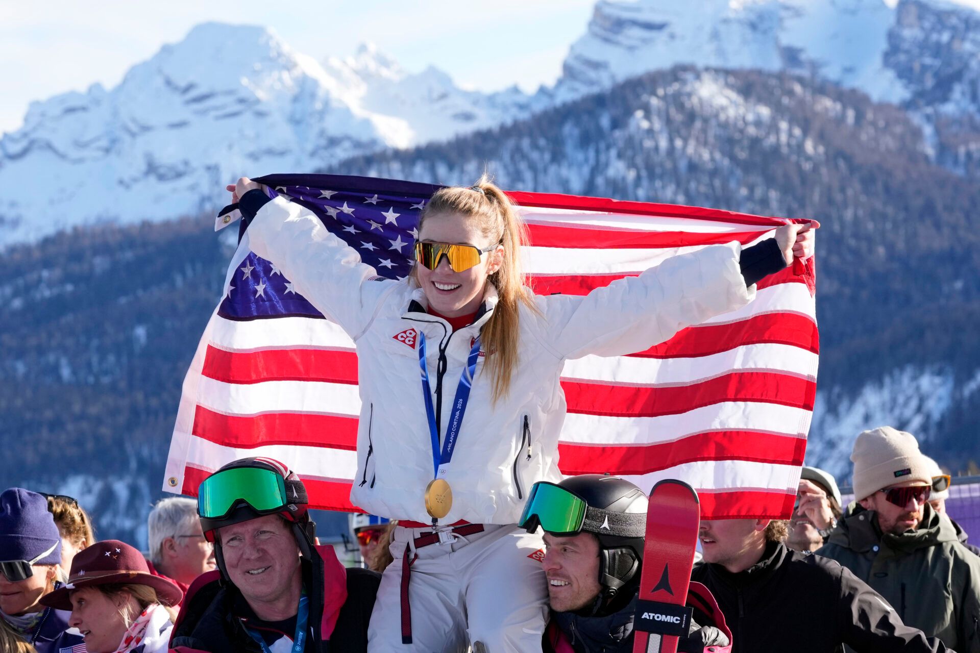 Gold medalist Mikaela Shiffrin of the United States celebrates after the women's slalom during the Milano Cortina 2026 Olympic Winter Games at Tofane Alpine Skiing Centre.