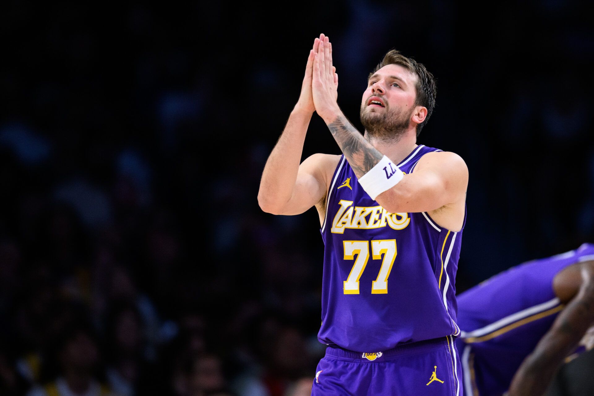 Los Angeles Lakers guard Luka Doncic (77) gestures during the second half against the Brooklyn Nets at Crypto.com Arena.