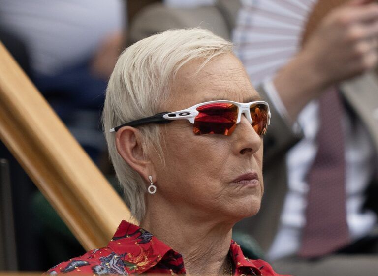 Martina Navratilova, former Wimbledon Champion, in the Royal Box for the Iga Swiatek of Poland and Amanda Anisimova of the United States women’s final match on day 13 at All England Lawn Tennis and Croquet Club.