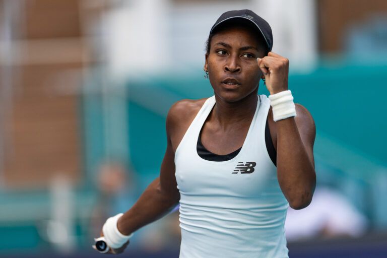 Coco Gauff of the United States reacts after a point against Karolina Muchova of the Czech Republic in the semi-finals of the women’s singles at the Miami Open at the Hard Rock Stadium.