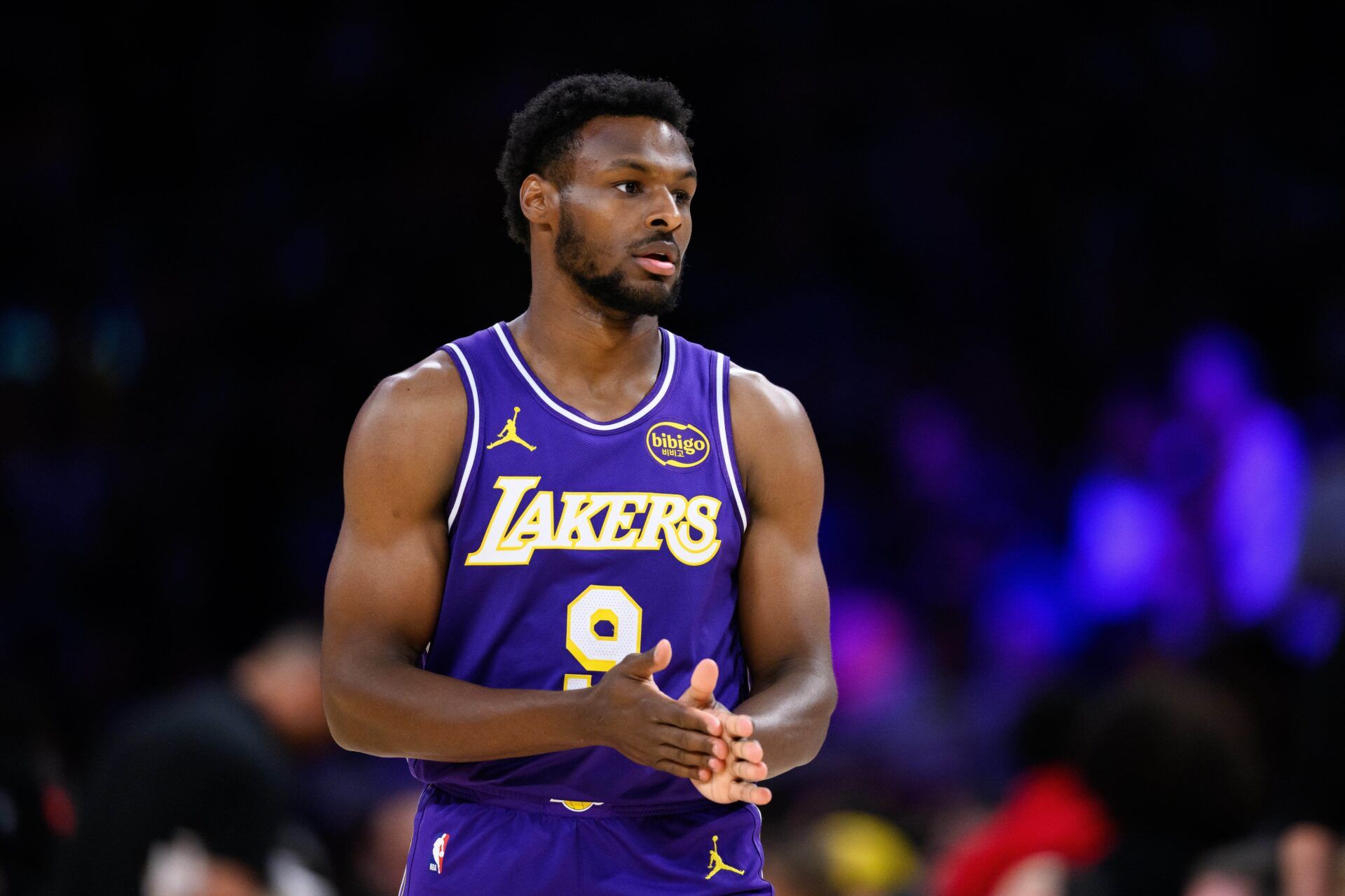 Los Angeles Lakers guard Bronny James (9) walks onto the court during the first half against the Brooklyn Nets at Crypto.com Arena.