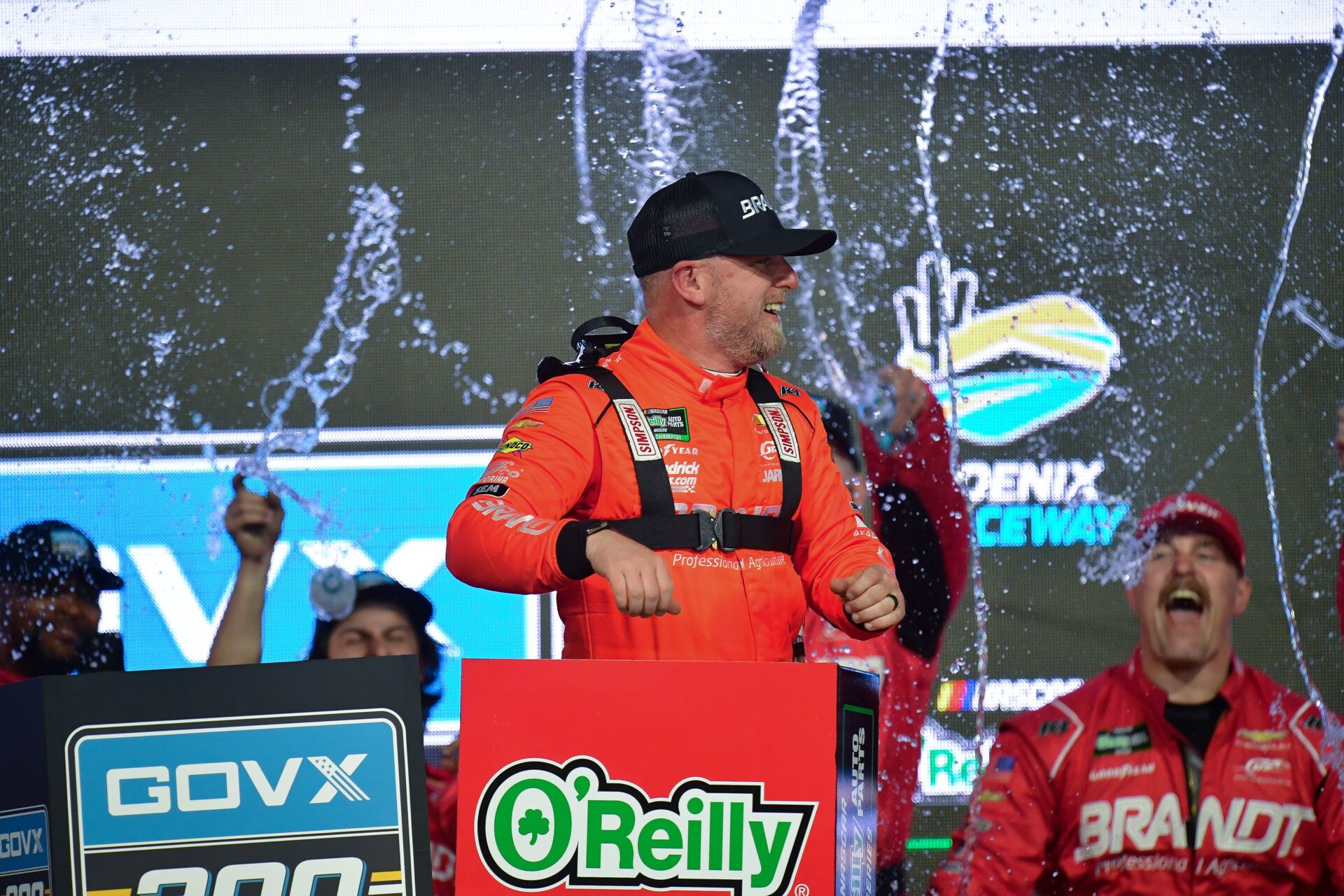 JR Motorsports driver Justin Allgaier (7) celebrates his victory of the GOVX 200 at Phoenix Raceway.