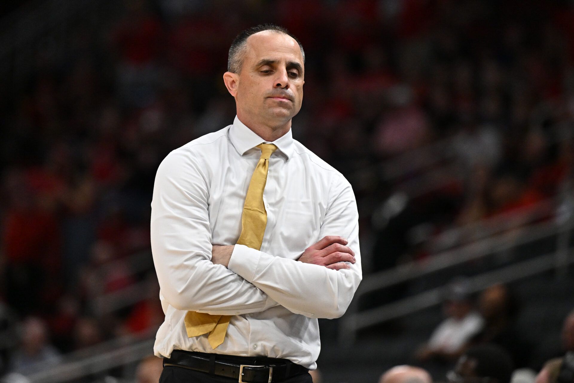 Iowa Hawkeyes head coach Ben McCollum reacts in the first half during a Sweet Sixteen game of the South Regional of the men's 2026 NCAA Tournament at Toyota Center.