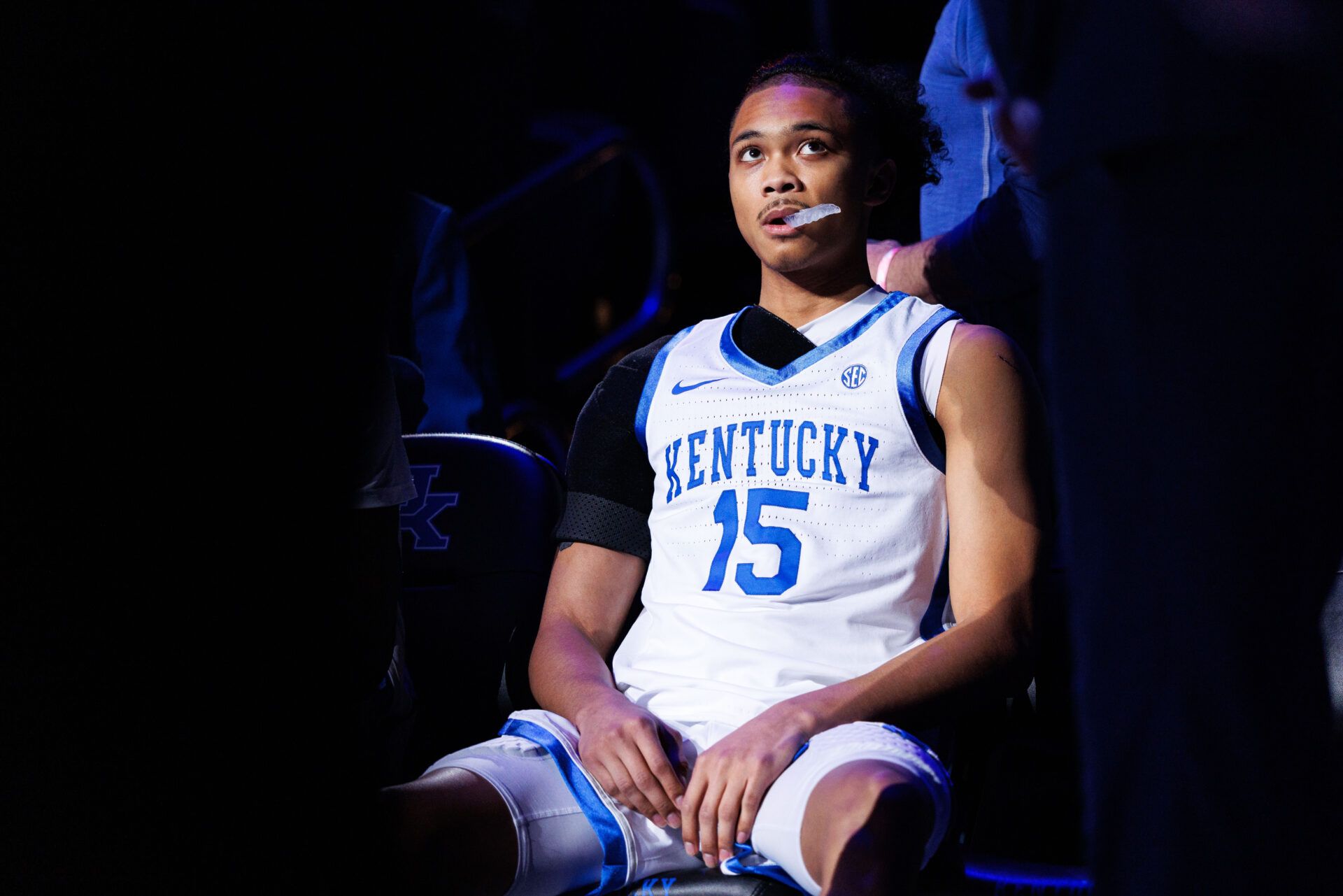 Kentucky Wildcats guard Jaland Lowe (15) waits for his name to be called during player introductions before the game against the Mississippi State Bulldogs at Rupp Arena at Central Bank Center.