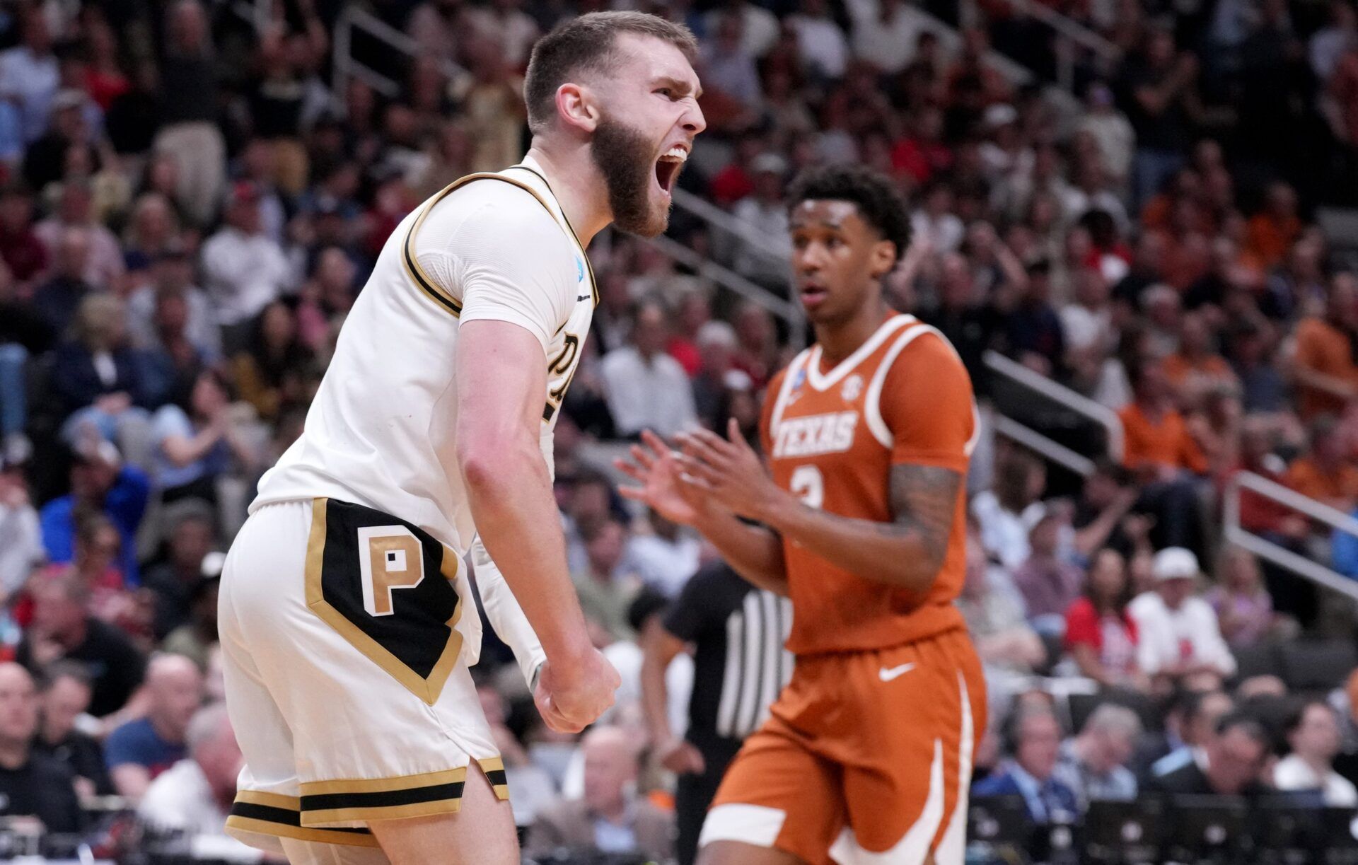Purdue Boilermakers guard Braden Smith (3) celebrates a made basket Thursday, March 26, 2026, during a Sweet 16 game against the Texas Longhorns at SAP Center in San Jose, Calif.
