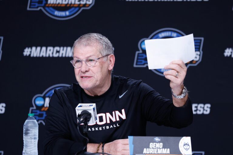 UConn Huskies head coach Geno Auriemma speaks during a press conference ahead of an NCAA Tournament Elite 8 game against the Notre Dame Fighting Irish at Dickies Arena.