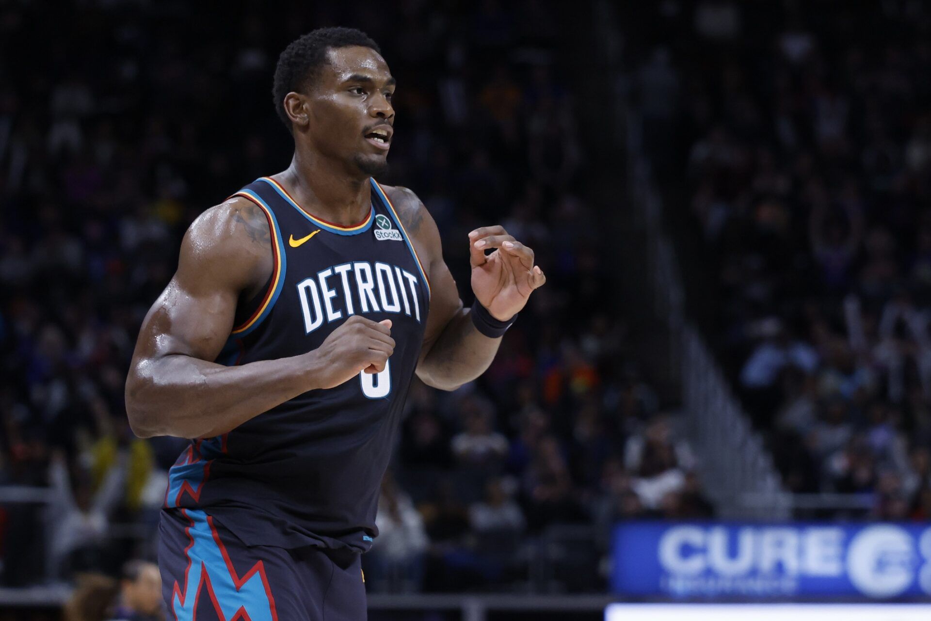 Detroit Pistons center Jalen Duren (0) celebrates in the second half against the New Orleans Pelicans at Little Caesars Arena.