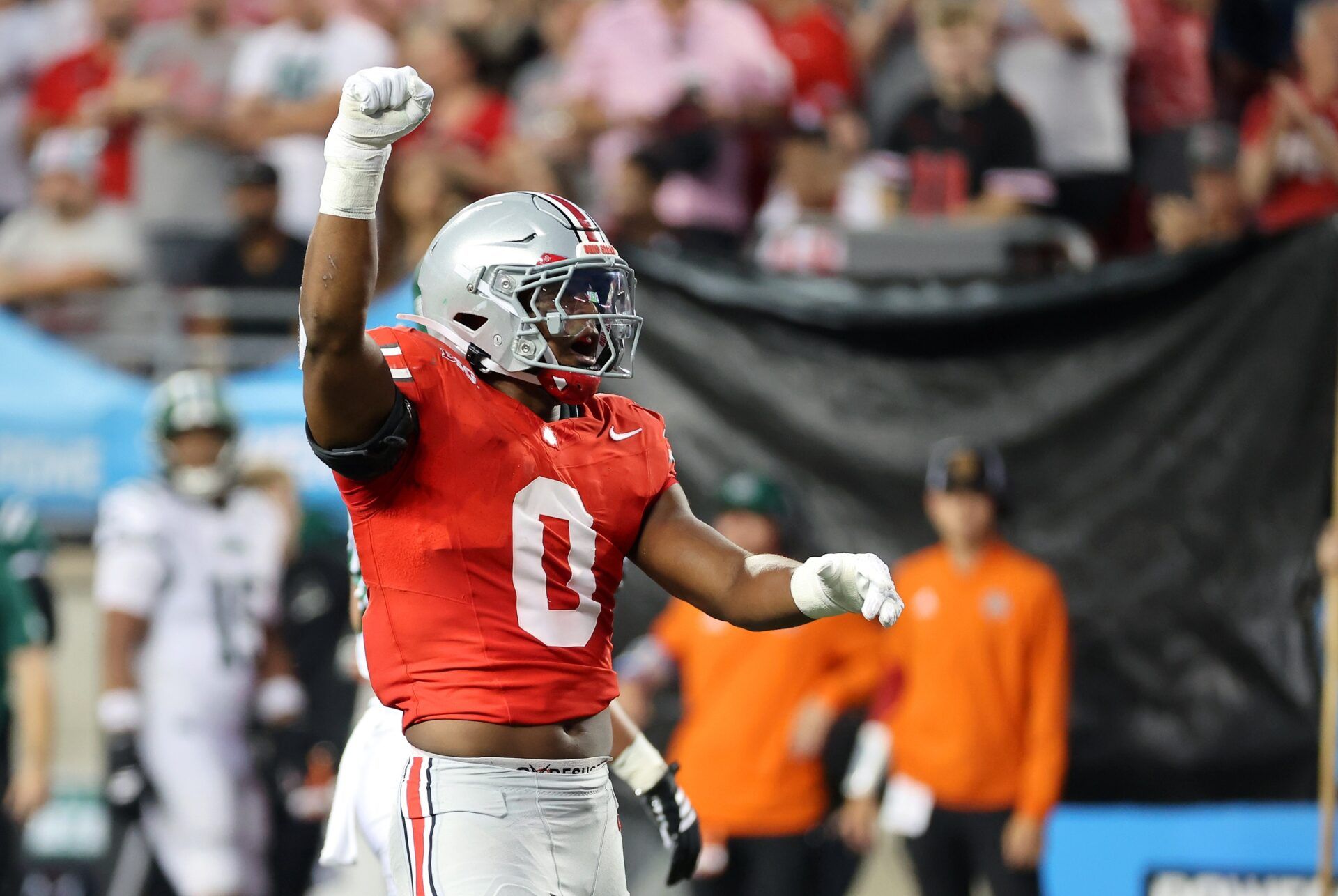 Ohio State Buckeyes linebacker Sonny Styles (0) celebrates a tackle for loss during the second quarter against the Ohio Bobcats at Ohio Stadium.