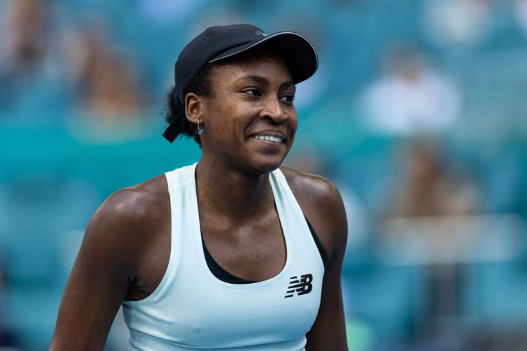 Coco Gauff of the United States reacts after a point against Karolina Muchova of the Czech Republic in the semi-finals of the women’s singles at the Miami Open at the Hard Rock Stadium.