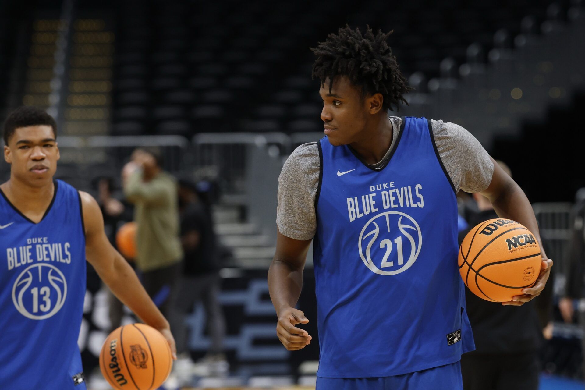 Duke Blue Devils center Patrick Ngongba (21) dribbles during a practice session ahead of the east regional of the men's 2026 NCAA Tournament at Capital One Arena.