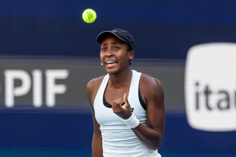 Coco Gauff of the United States celebrates during her match against Aryna Sabalenka of Belarus in the final of the women’s singles at the Hard Rock Stadium.