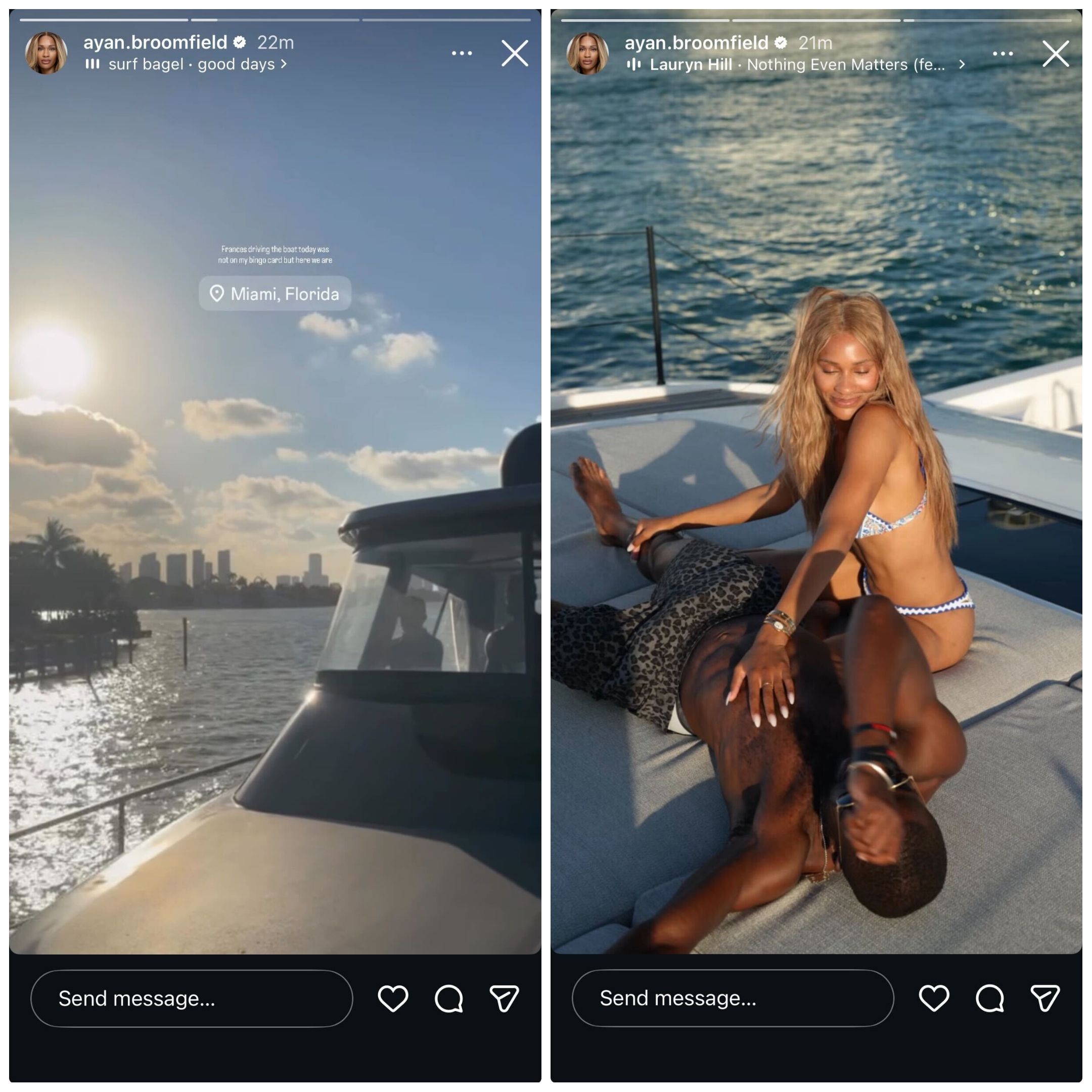 Screen grab of Frances Tiafoe's girlfriend Ayan Broomfield's Instagram stories