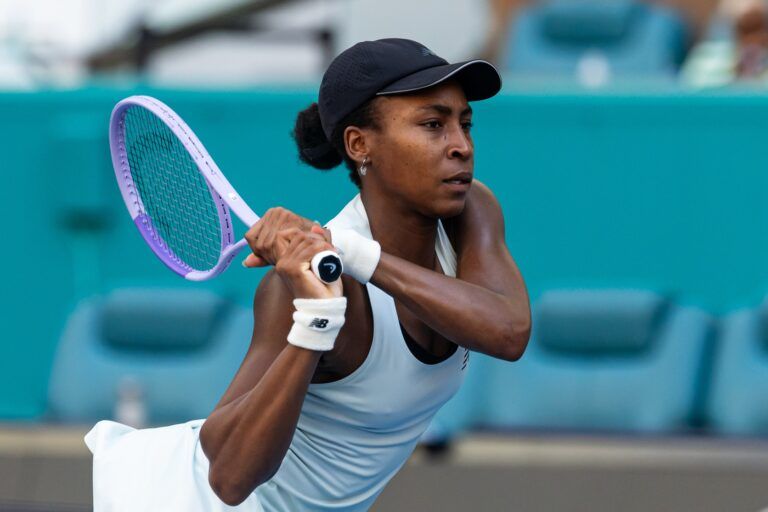 Coco Gauff of the United States hits a backhand against Aryna Sabalenka of Belarus in the final of the women’s singles at the Hard Rock Stadium.