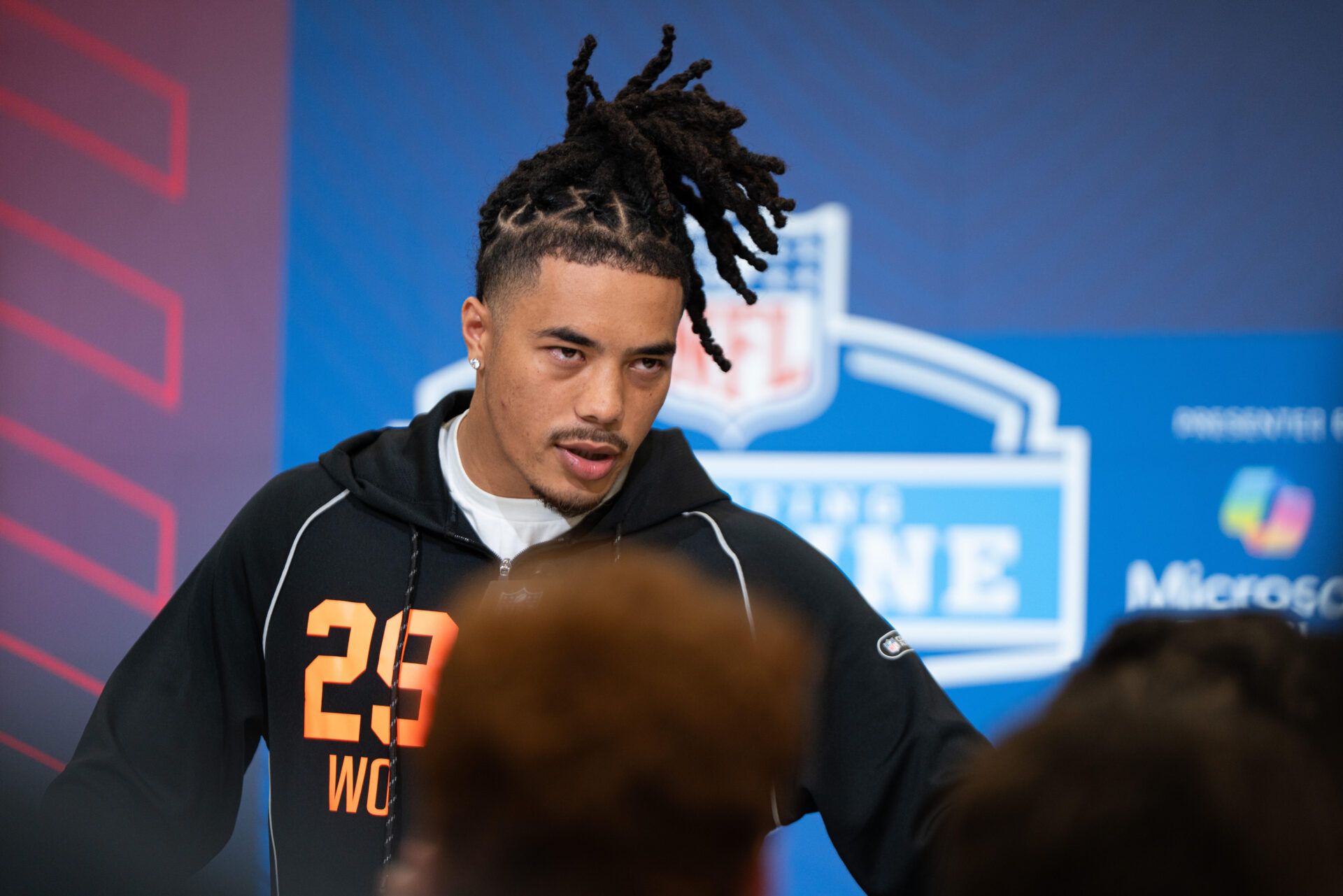 Southern California wideout Makai Lemon (WO29) speaks to members of the media during the NFL Combine at the Indiana Convention Center.
