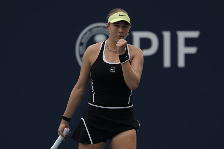 Amanda Anisimova (USA) reacts after winning a point against Ajla Tomljanovic (AUS) (not pictured) on day four of the 2026 Miami Open at Hard Rock Stadium.