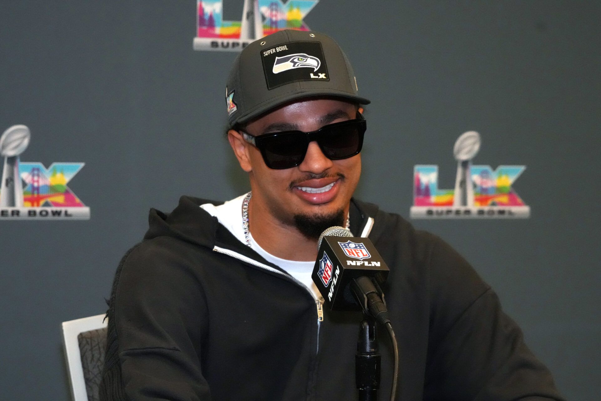 Seattle Seahawks wide receiver Jaxon Smith-Njigba (11) speaks to the media at Super Bowl LX press conference at the San Jose Convention Center.
